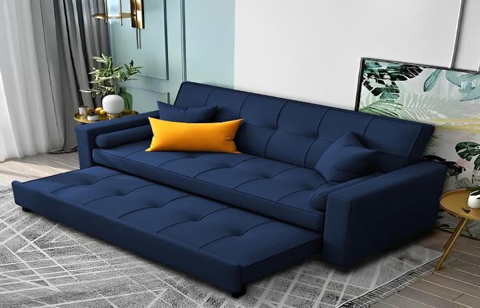 Kowloon Sectional 3 Seater Sofa cum Bed In Baltic Blue Premium Chenille Fabric Colour